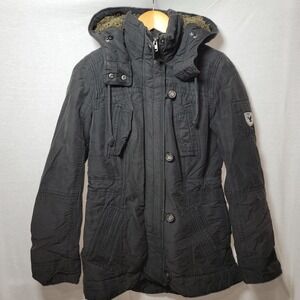 Y2k American Eagle Navy Outfitters Utility Parka Jacket Longline Fur Hood Sz Sm.